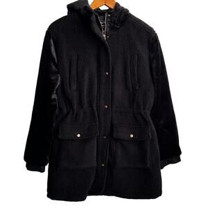 Eden Society Fleece Utility Jacket M Black High Pile Faux Fur Hood Quilted Zip